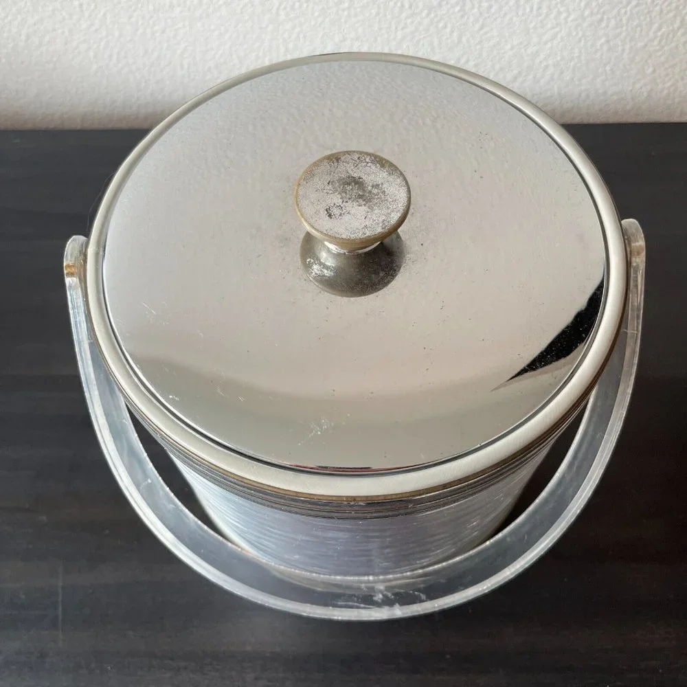 Vintage Georges Briard Ice Bucket Textured Silver Aluminum Lucite Handle